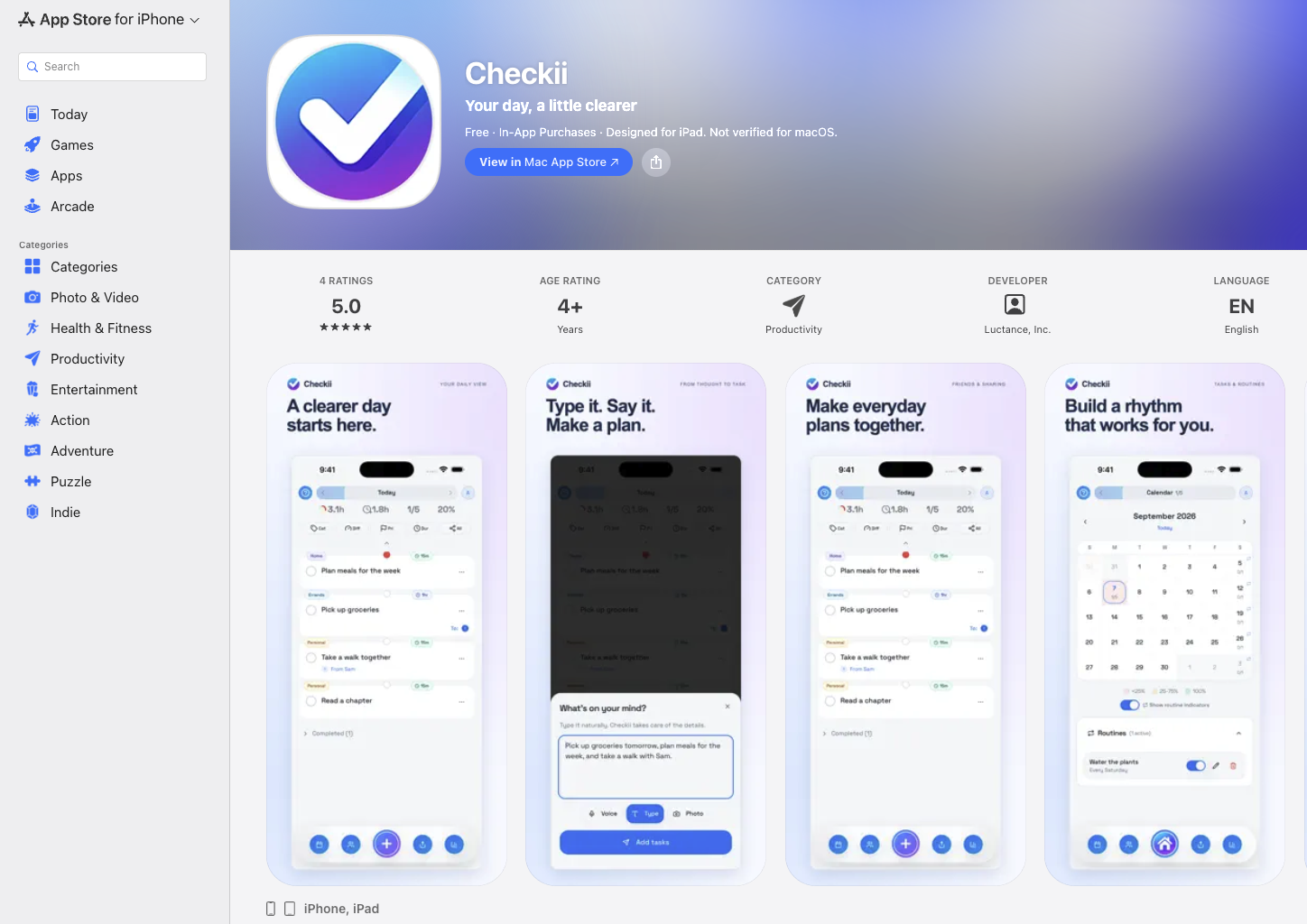 Checkii on the App Store: five-star rating, productivity category, and four app previews